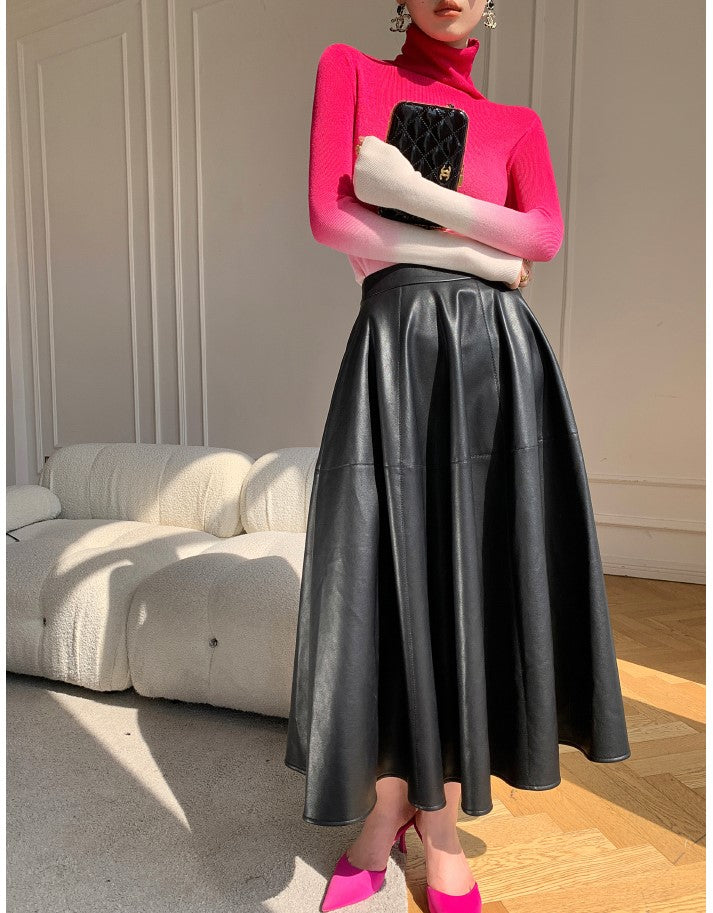 WANXO black vegan leather skirt new high waist A-line skirt umbrella skirt mid-length skirt- Riri