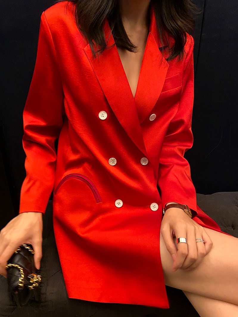 light luxury satin suit retro straight loose red blazer dress suit