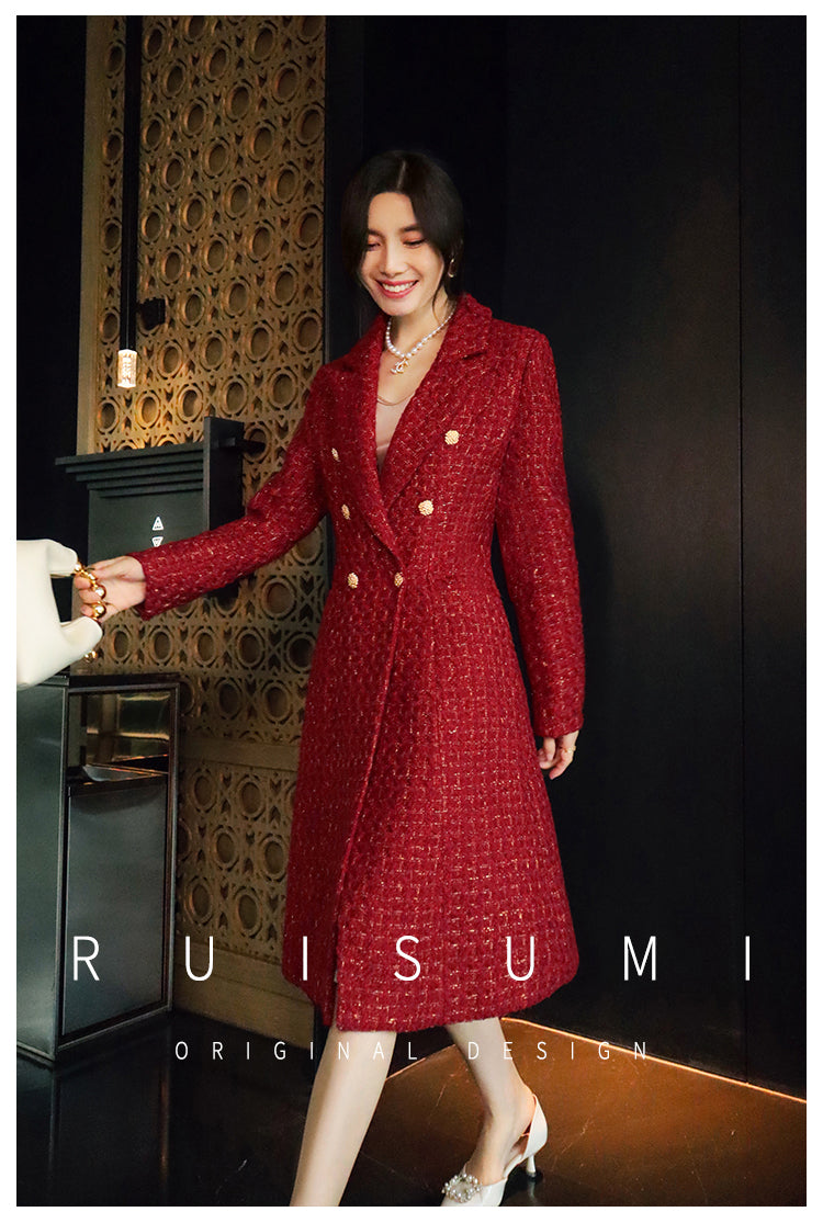 French retro wine red elegant modern bright light luxury waist modern mid-length coat jacket= Dora