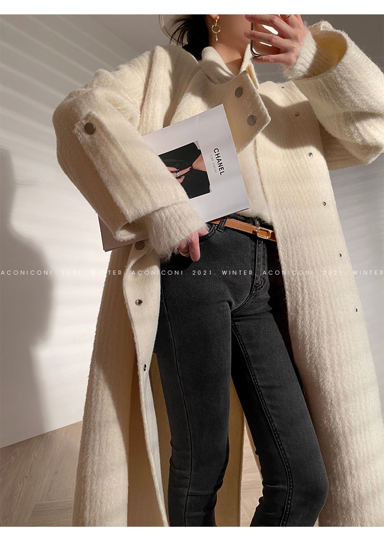 Aconiconi | Double-sided Feminine White Mid-Length wool Coat - Fuji