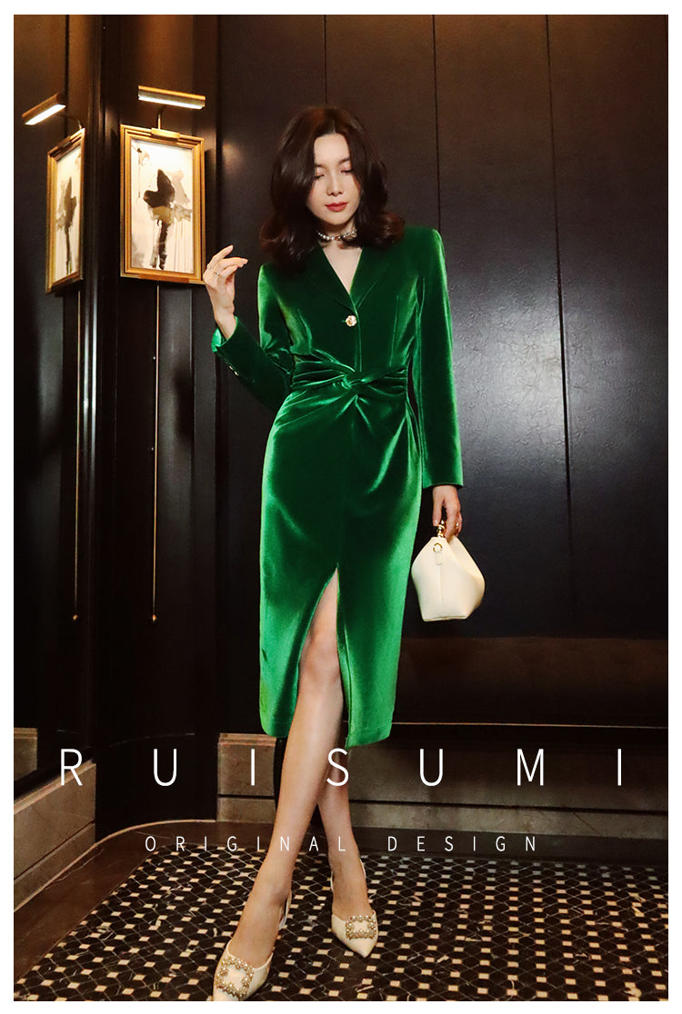New retro light luxury design sense velvet simple self-cultivation feminine long-sleeved dress- Filia