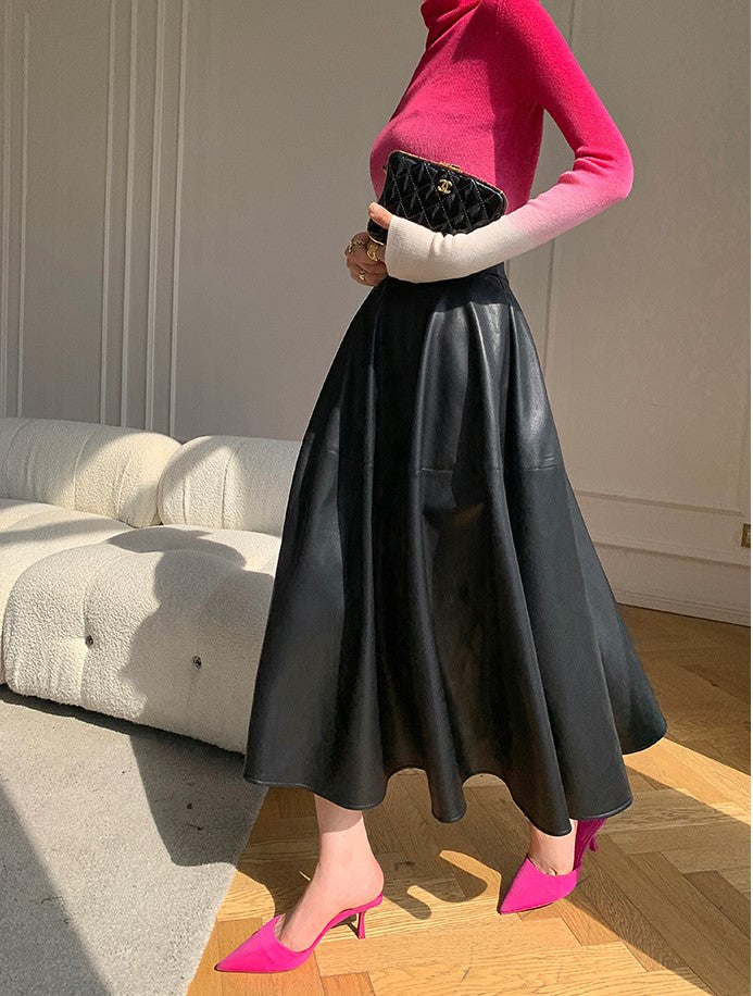 WANXO black vegan leather skirt new high waist A-line skirt umbrella skirt mid-length skirt- Riri