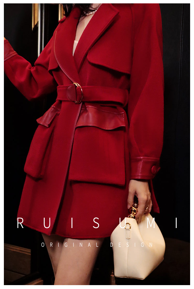 Ruisumi Winter New Red Stitching Coat Retro Suit High Waist Slim Medium Length Wool Coat- San