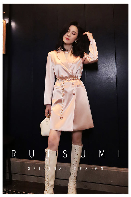 Ruisumi fashion commuting light luxury satin glossy pink suit skirt French mid-length coat- Thilia