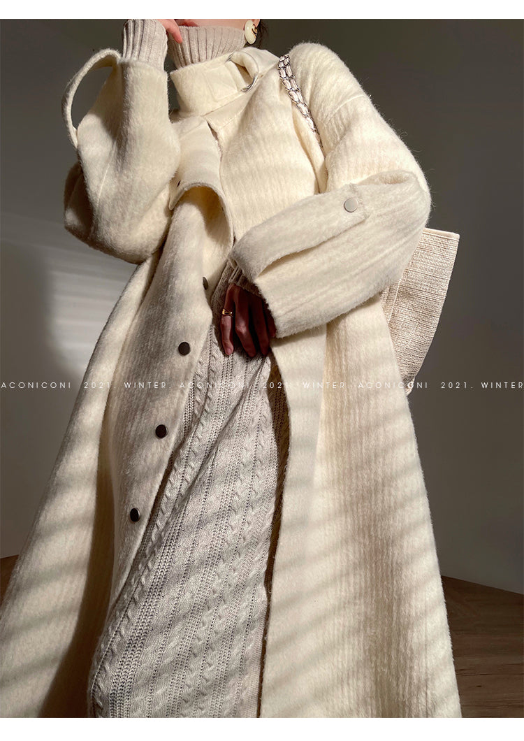 Aconiconi | Double-sided Feminine White Mid-Length wool Coat - Fuji