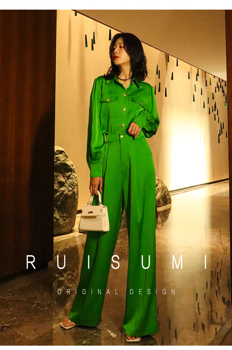 Bright Green gorgeous long sleeve with satin jumpsuit- Dilia