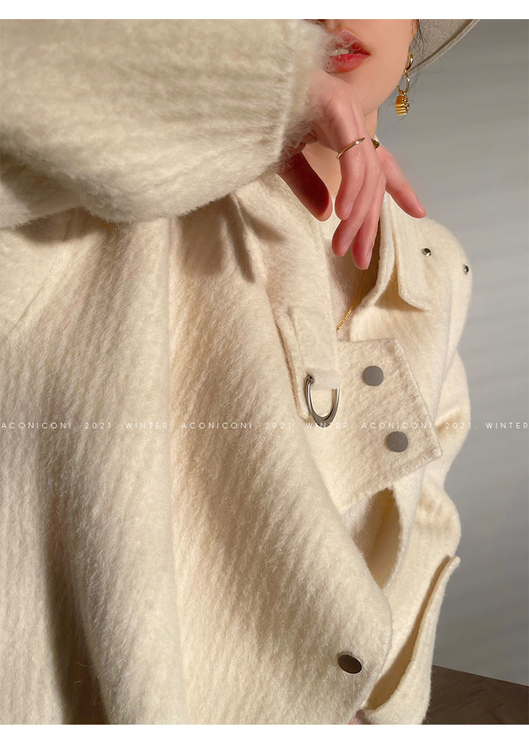 Aconiconi | Double-sided Feminine White Mid-Length wool Coat - Fuji