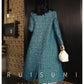 Lady's luxury high-end retro big peacock blue splicing bright silk design wool long coat- Jessy