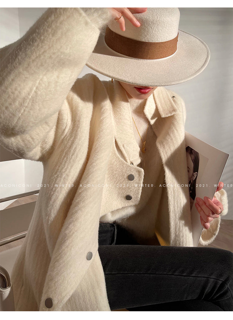 Aconiconi | Double-sided Feminine White Mid-Length wool Coat - Fuji