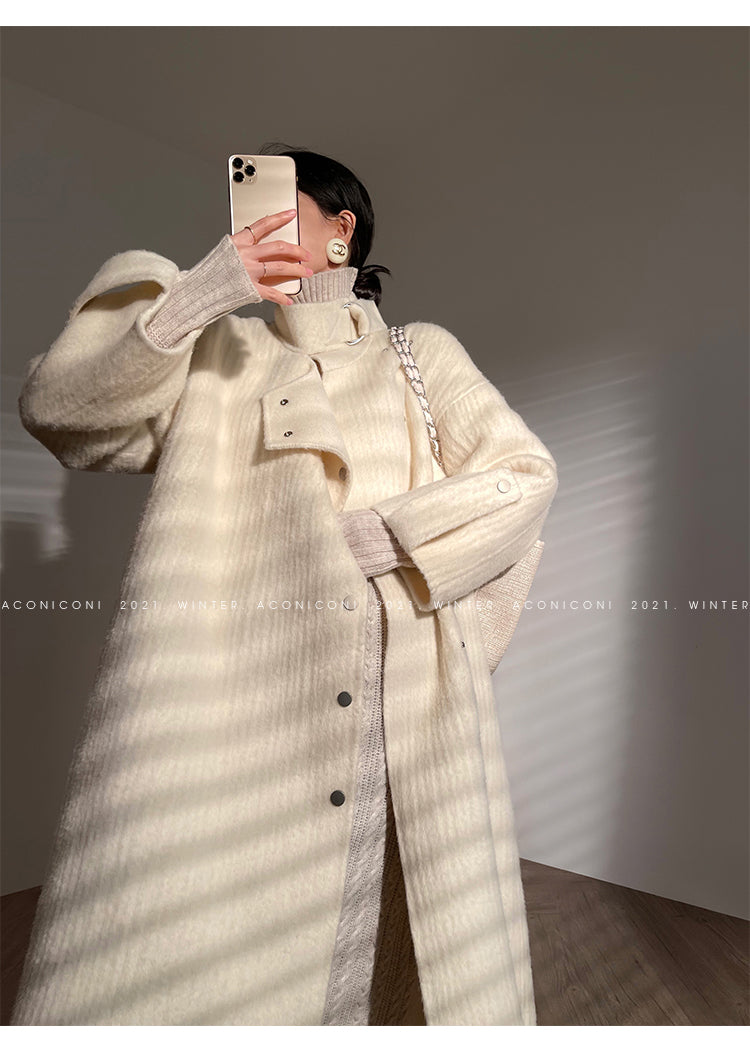 Aconiconi | Double-sided Feminine White Mid-Length wool Coat - Fuji