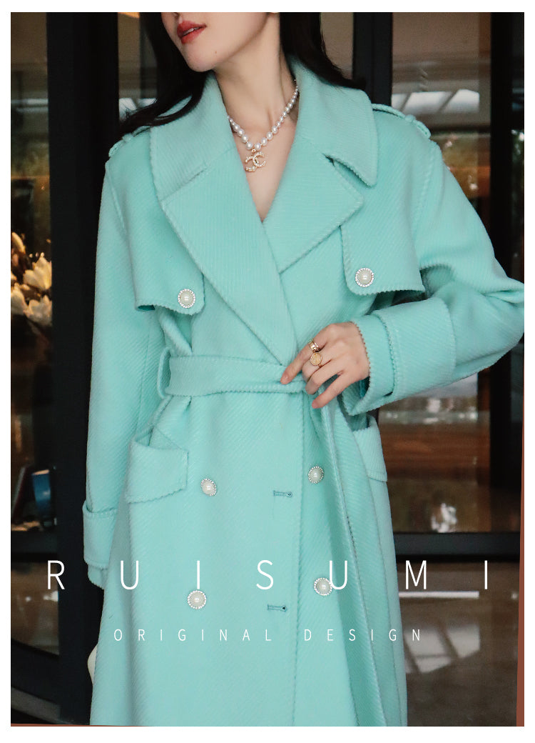 French ladies winter gentle tie tourmaline green elegant light luxury thick twill woolen long sleeve coat- Rita