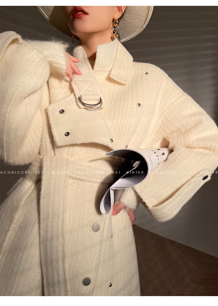 Aconiconi | Double-sided Feminine White Mid-Length wool Coat - Fuji