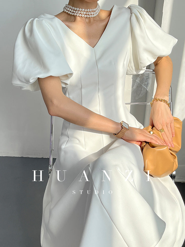 HUANZI summer V-neck dress midi puff sleeves French waist A-line dress - Narai