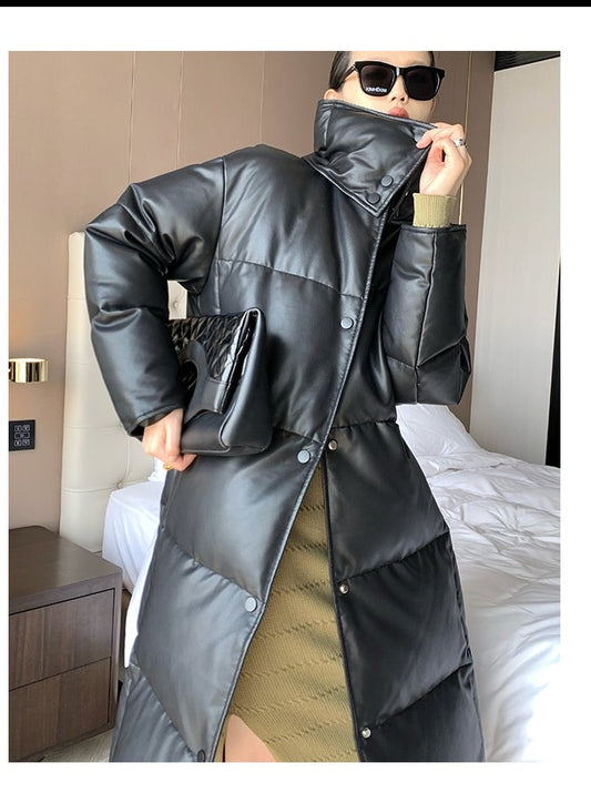 PU Leather long plus down jacket coat - Kabara