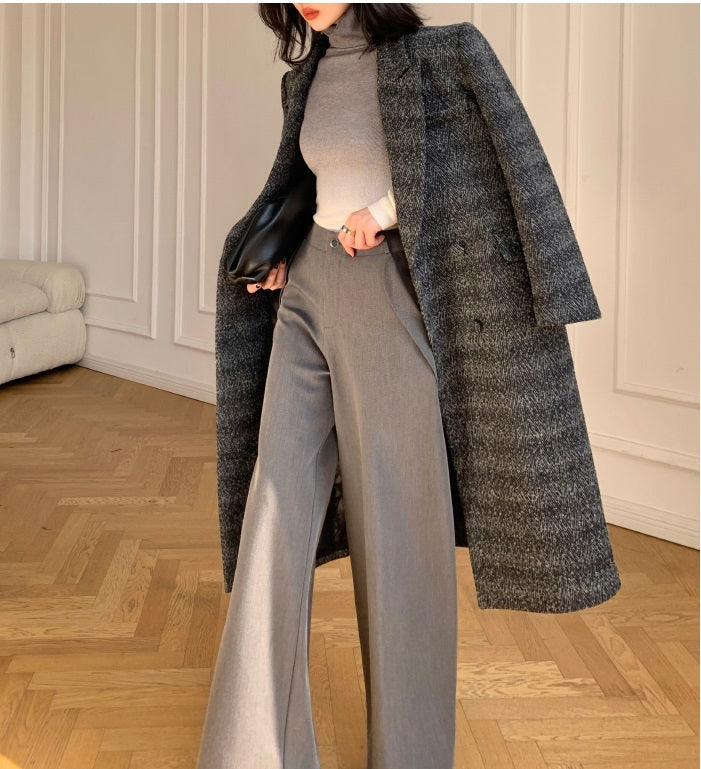 Gray WANXO color herringbone quilted woolen coat new mid-length suit woolen coat- Passion