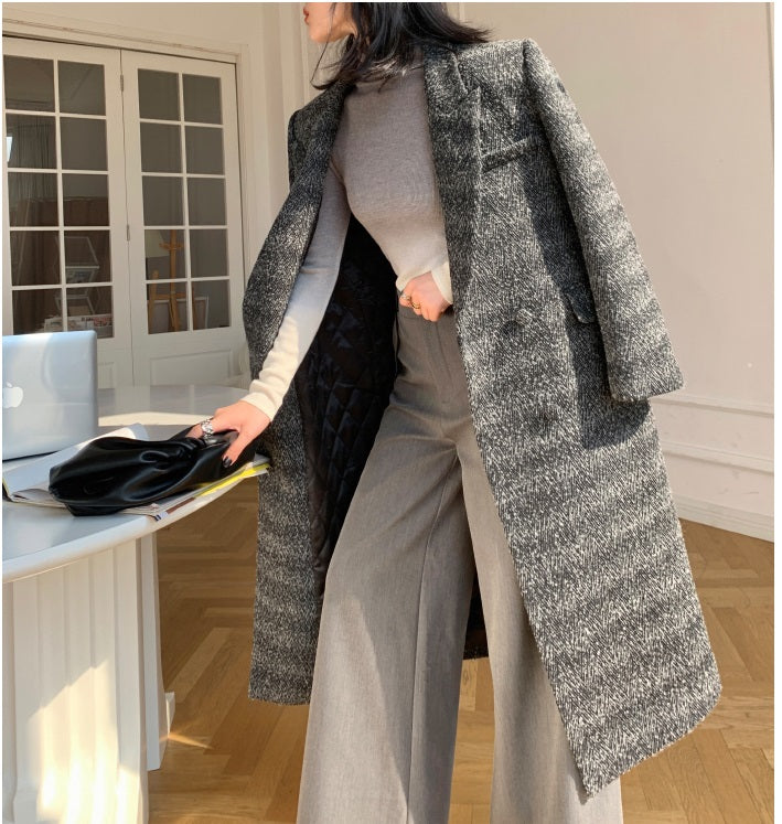 Gray WANXO color herringbone quilted woolen coat new mid-length suit woolen coat- Passion