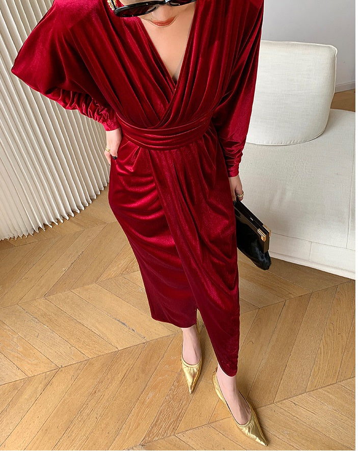 WANXO French red pleated velvet dress new gold-like waist bottoming skirt- Winny