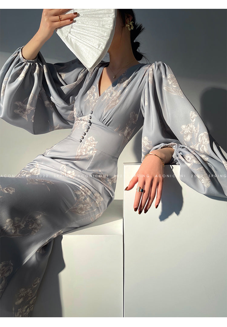 Aconiconi｜kite white French elegant v-neck mid-length fishtail dress -Qingshan