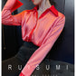 High-quality watermelon red color-block double sleeves pleated satin shirt top - Traue