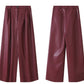 WANXO red retro vegan leather pants new high waist wide leg pants casual straight mopping trousers- Liliana