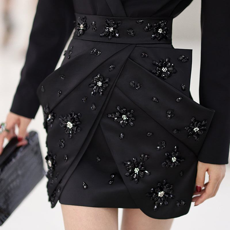 Handmade Be-jeweled stone diamonds cocktail high-waisted short black skirt