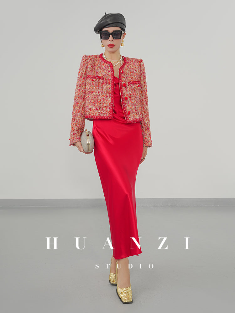 Huanzi custom 2022 autumn and winter new high-definition handmade red tweed temperament lady style small fragrant wind jacket female