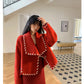 High end large lapel hand-patched leather weave woolen coat - Nuiee Red