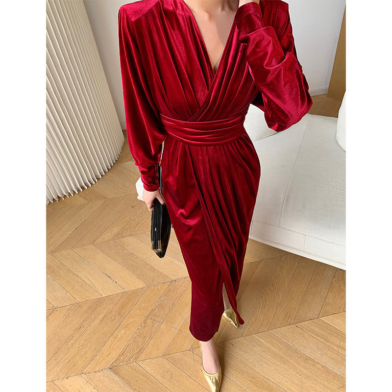 Brown  WANXO French red pleated velvet dress new gold-like waist bottoming skirt- Winny