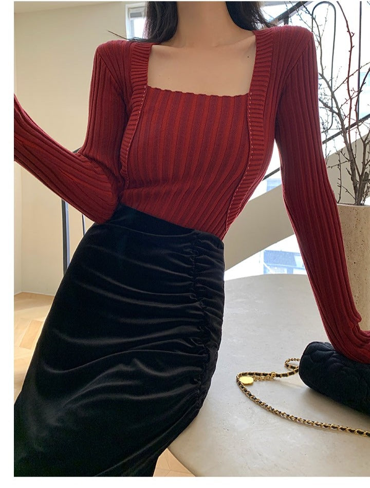 Square neck red sweater knitted midi dress top - Tuliv