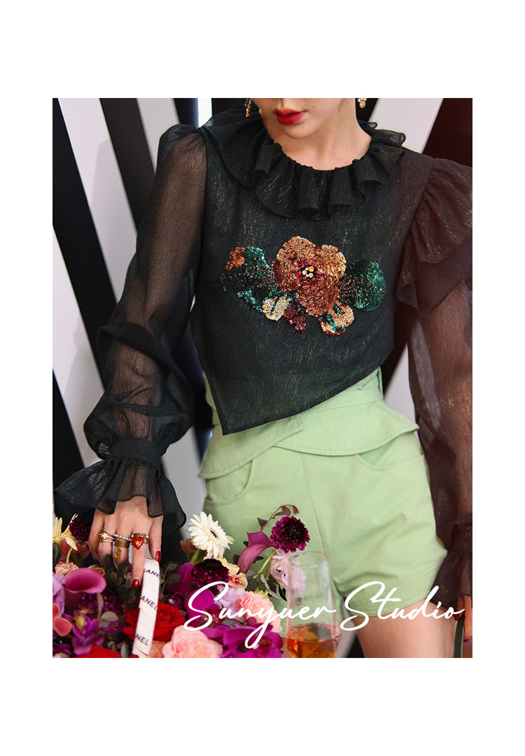 Hand-embroidered lotus leaf high-end design chiffon top & high waist wide-leg design shorts two piece suit set- Sinia