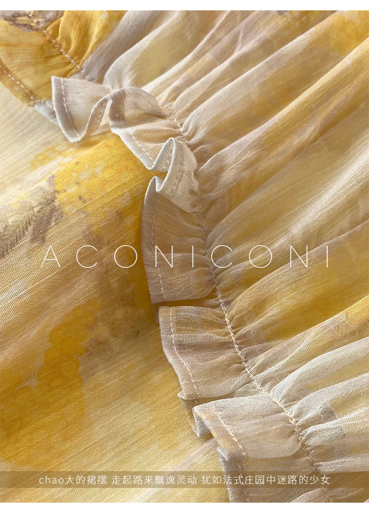 Aconiconi｜SunsetLight Luxury Heavy Premium French Ink Print Swing Dress -pomelo