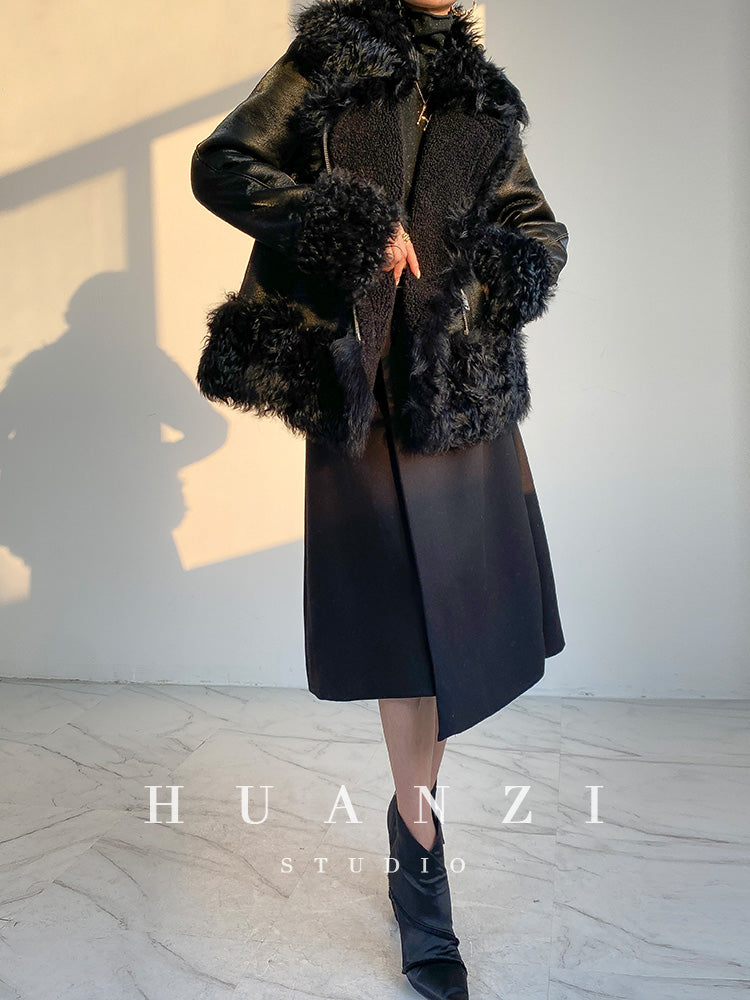 Huanzi custom craft winter fur one-piece wool lamb collar leather jacket - Sioed
