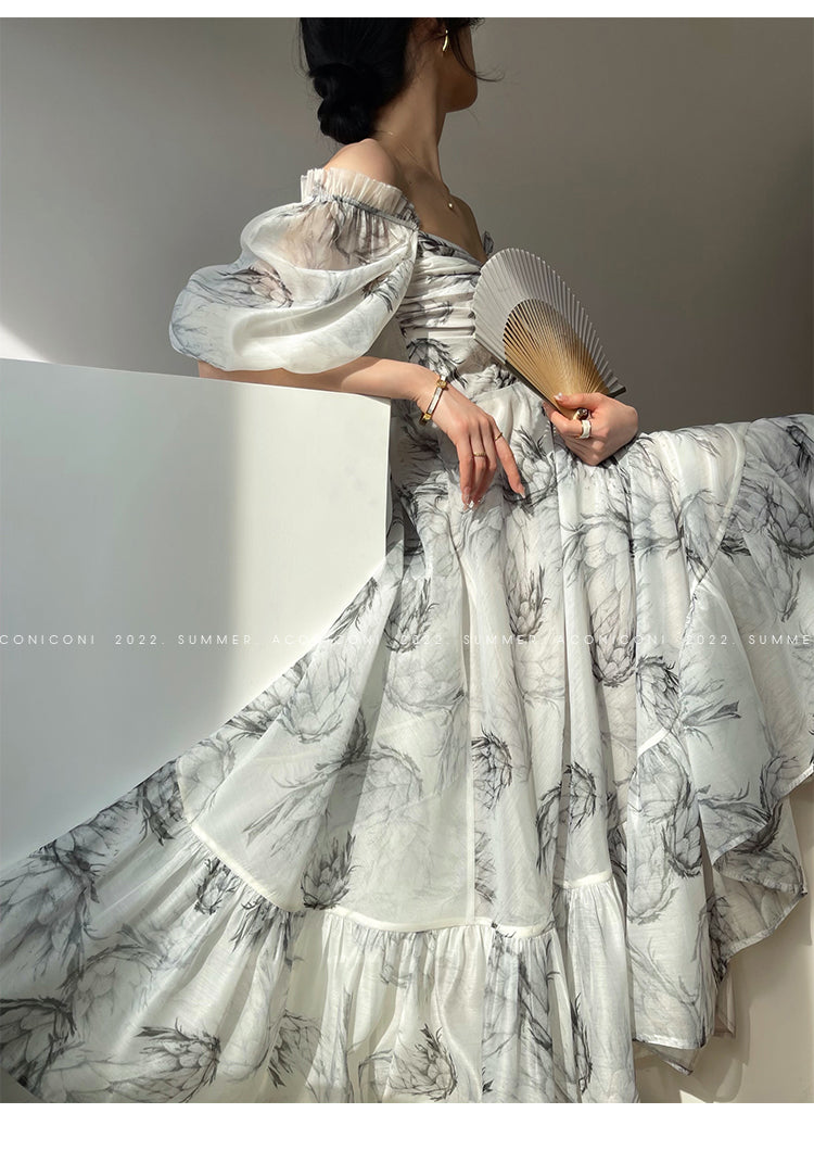 Aconiconi｜ high-end French ink print waist long dress - Frost