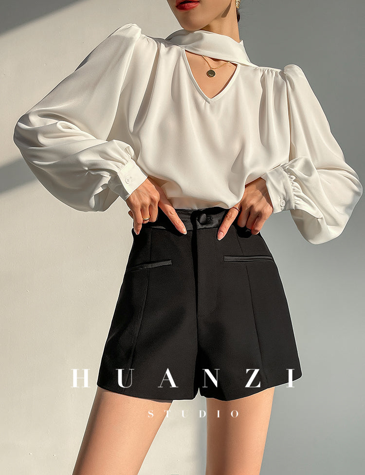 High end new casual black high waist A-line shorts -wonio