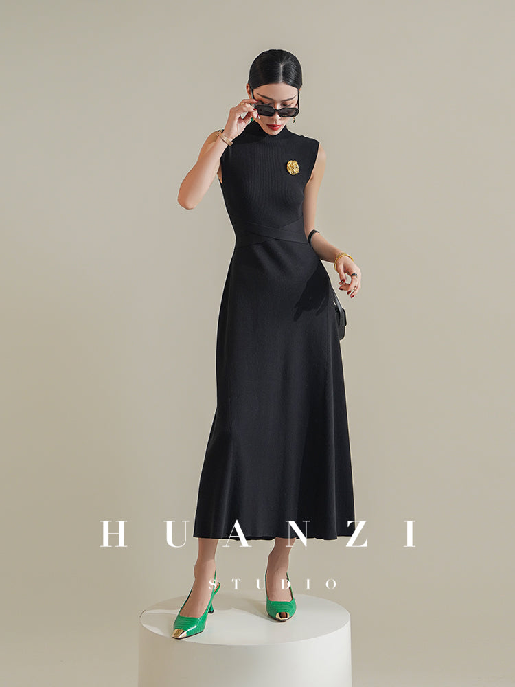 Huanzi French elegant fashionable knitted minimalist waist dress cardigan- Melissa
