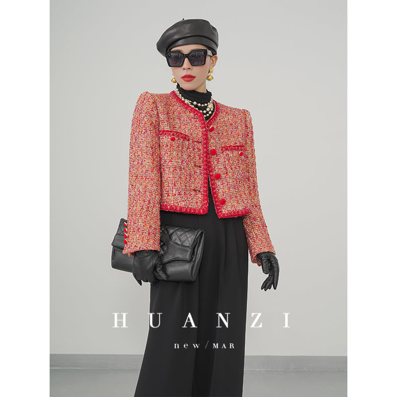 Huanzi custom 2022 autumn and winter new high-definition handmade red tweed temperament lady style small fragrant wind jacket female