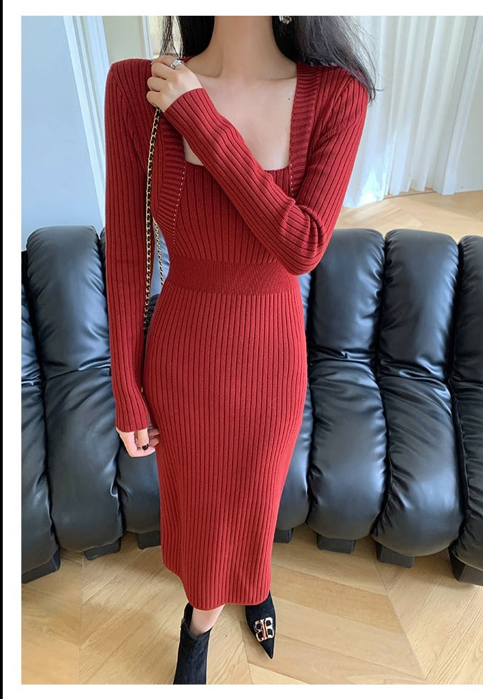 Square neck red sweater knitted midi dress top - Tuliv