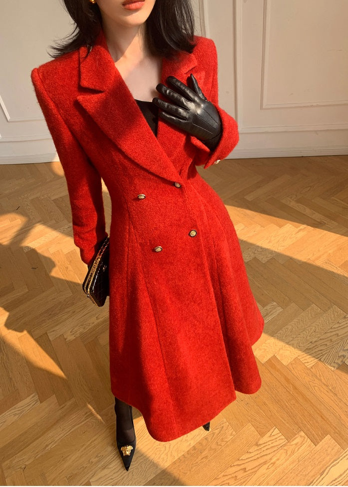 WANXO French red Hepburn style woolen coat new waist and thin long woolen coat- Crissy