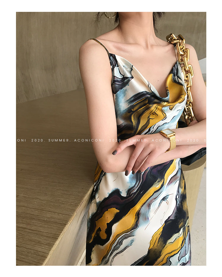 Aconiconi｜Heavyweight 19 mmi mulberry silk midi summer dress - Marble
