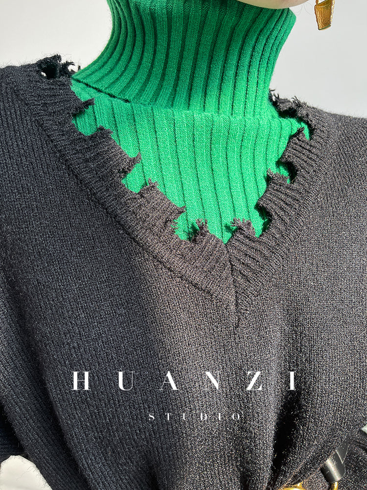 High end pile collar knitted turtleneck sweater -Sulia Painting Green