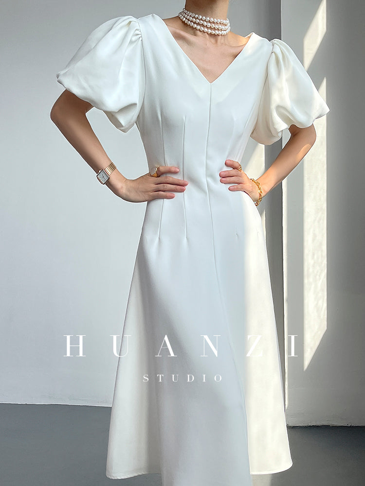 HUANZI summer V-neck dress midi puff sleeves French waist A-line dress - Narai