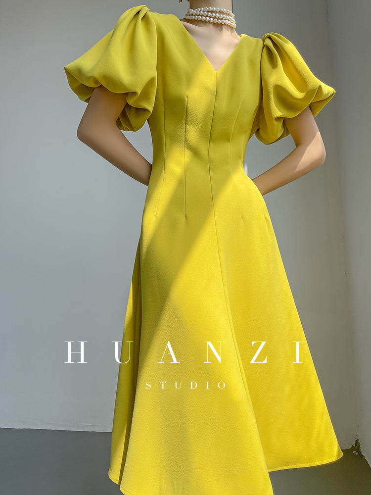 HUANZI summer V-neck dress midi puff sleeves French waist A-line dress - Narai