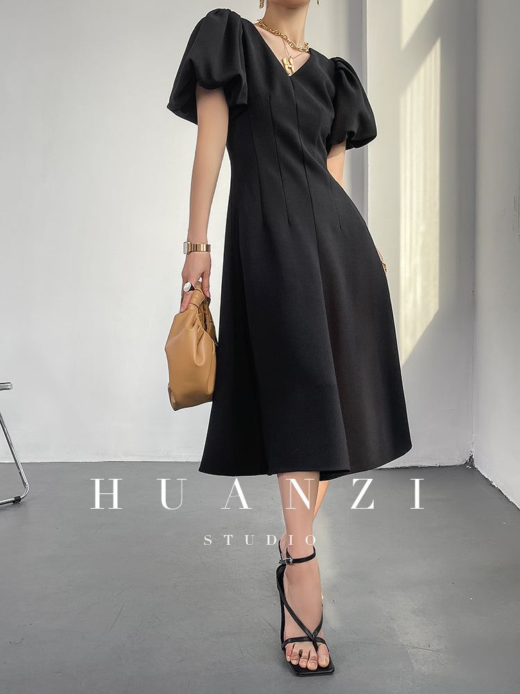 HUANZI summer V-neck dress midi puff sleeves French waist A-line dress - Narai