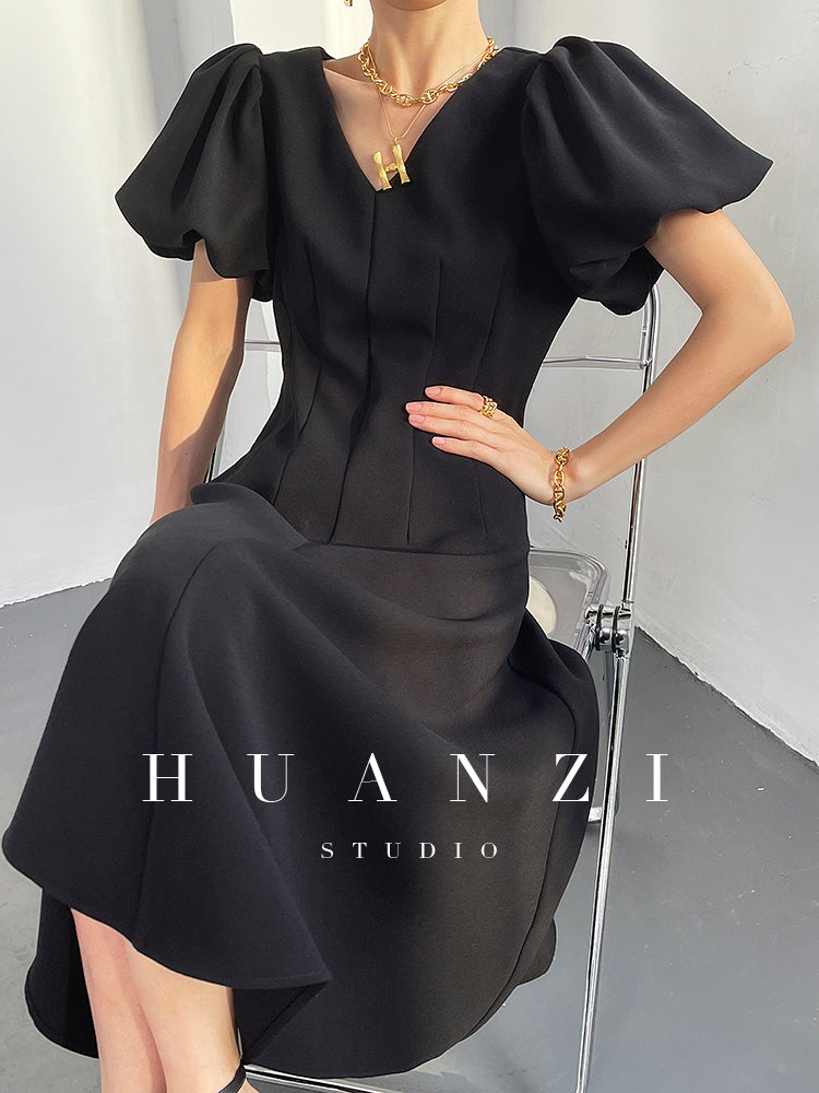 HUANZI summer V-neck dress midi puff sleeves French waist A-line dress - Narai