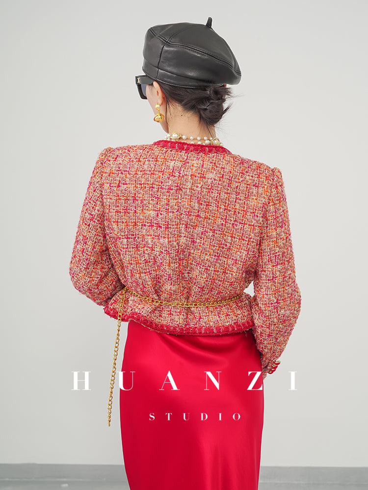 Huanzi custom 2022 autumn and winter new high-definition handmade red tweed temperament lady style small fragrant wind jacket female