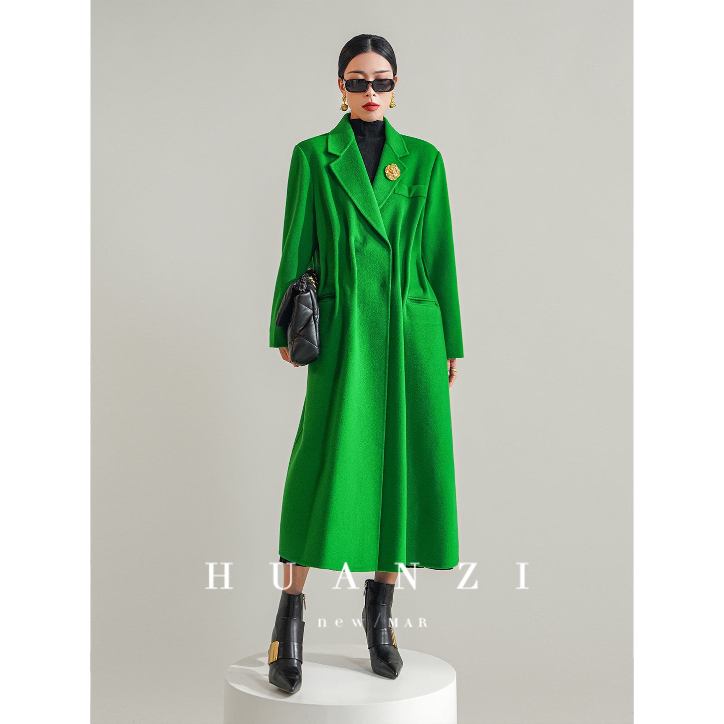 Huanzi high-definition wool pure hand-sewn double-sided woolen mid-length coat- Randy