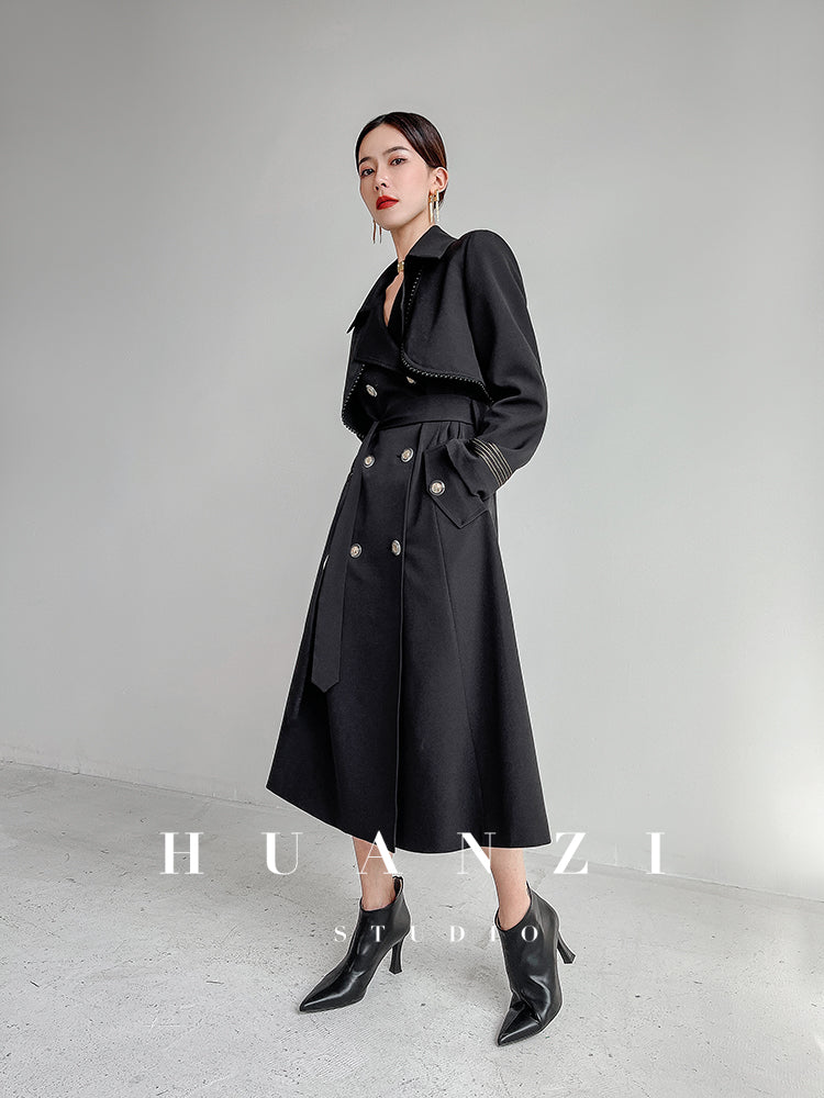 Huanzi spring women's long-sleeved black lace-up windbreaker midi coat- Lisud