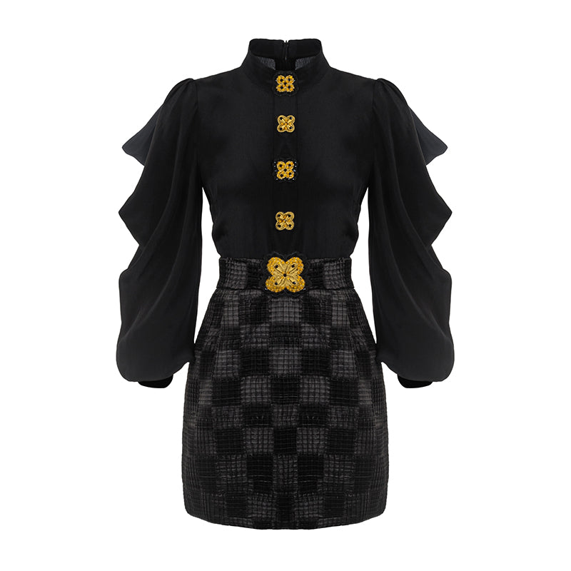 Black gold buttons embroidered beaded bow long-sleeved dress- Otia