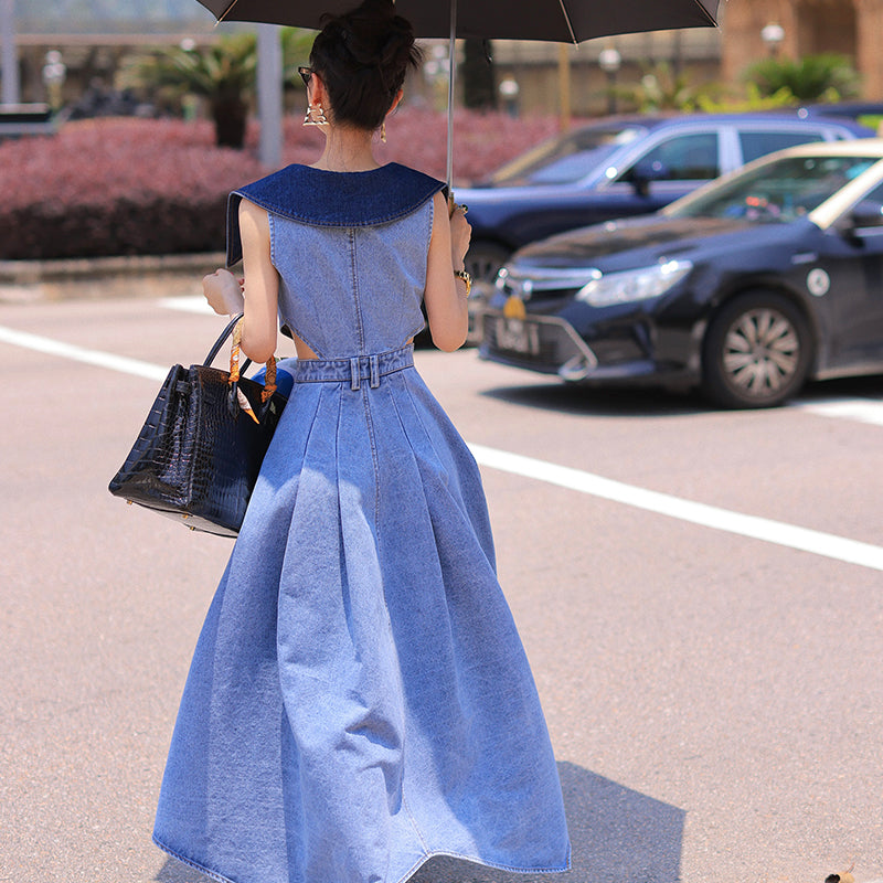 Elegant denim large lapel collar, cut-out waist summer slit long jean denim dress