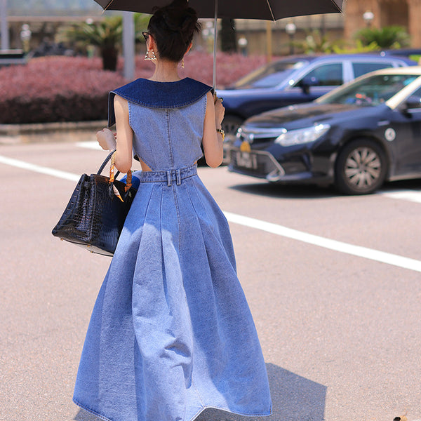 Regina Lapel Collar Cut-out Denim Maxi Dress